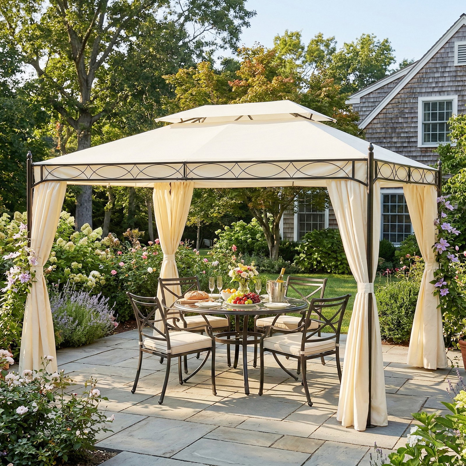 Pérgola de jardim 4x3 m com telhado duplo 4 cortinas estrutura de aço 8 orifícios de drenagem anti-UV creme