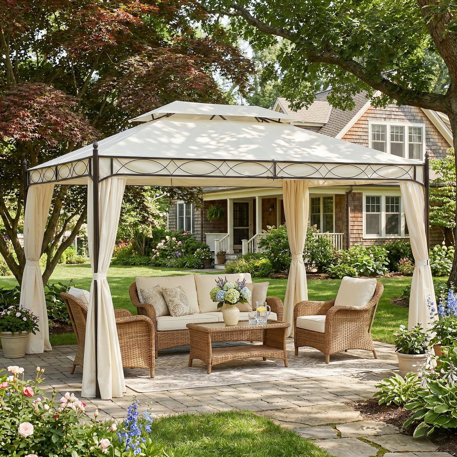 Pérgola de jardim 4x3 m com telhado duplo 4 cortinas estrutura de aço 8 orifícios de drenagem anti-UV creme