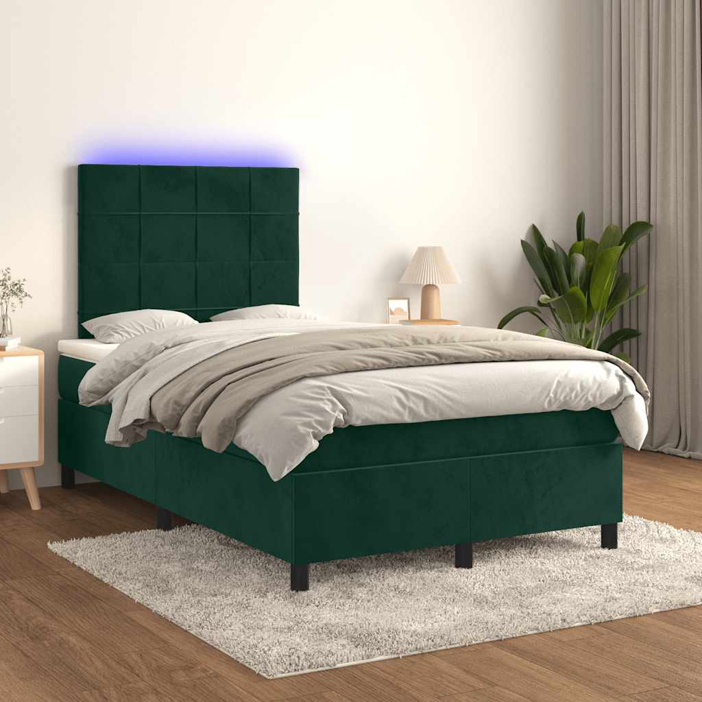 Cama box spring c/ colchão/LED 120x200 cm veludo verde-escuro