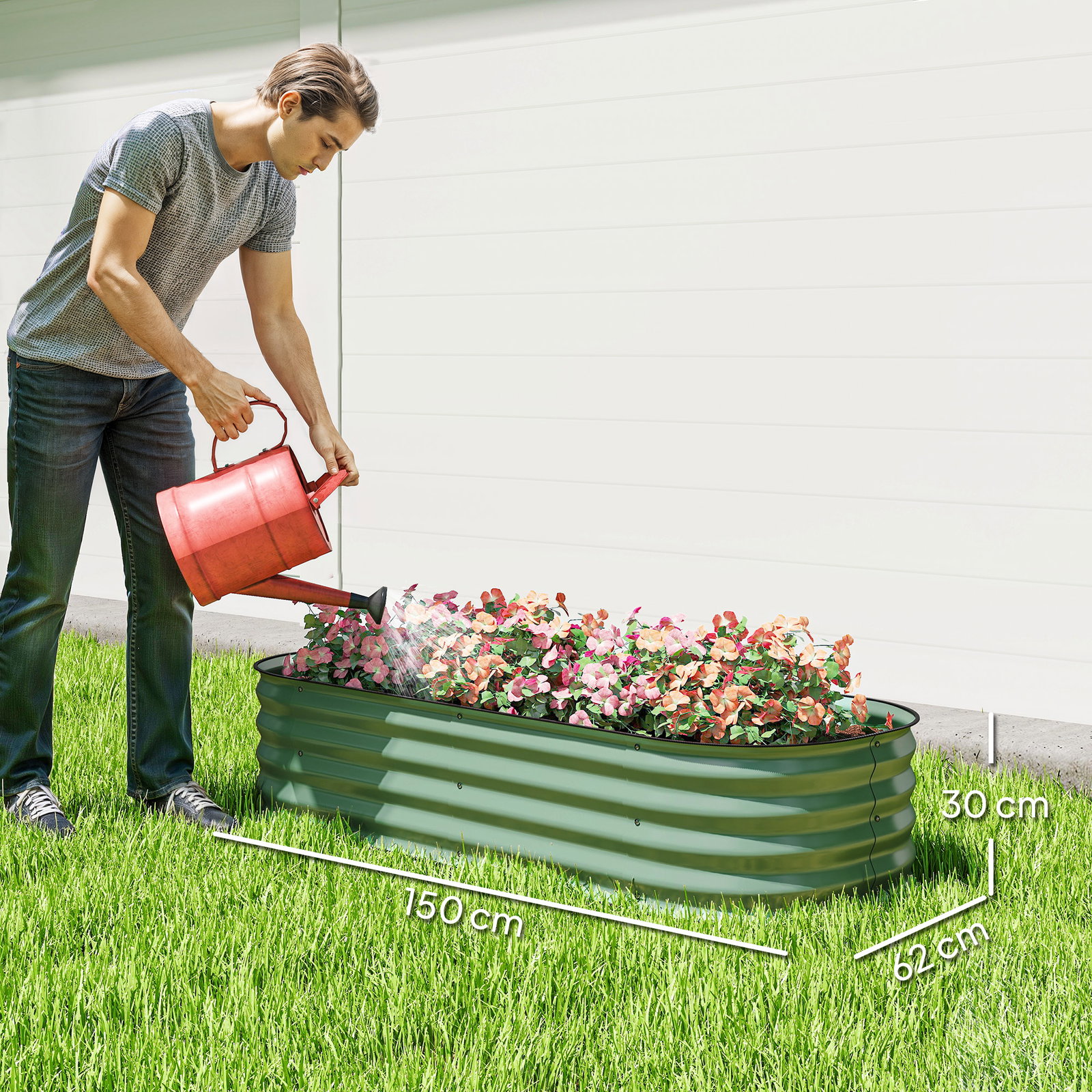Caixa de plantio de exterior grande em aço galvanizado para cultivo de plantas 150x62x30 cm verde