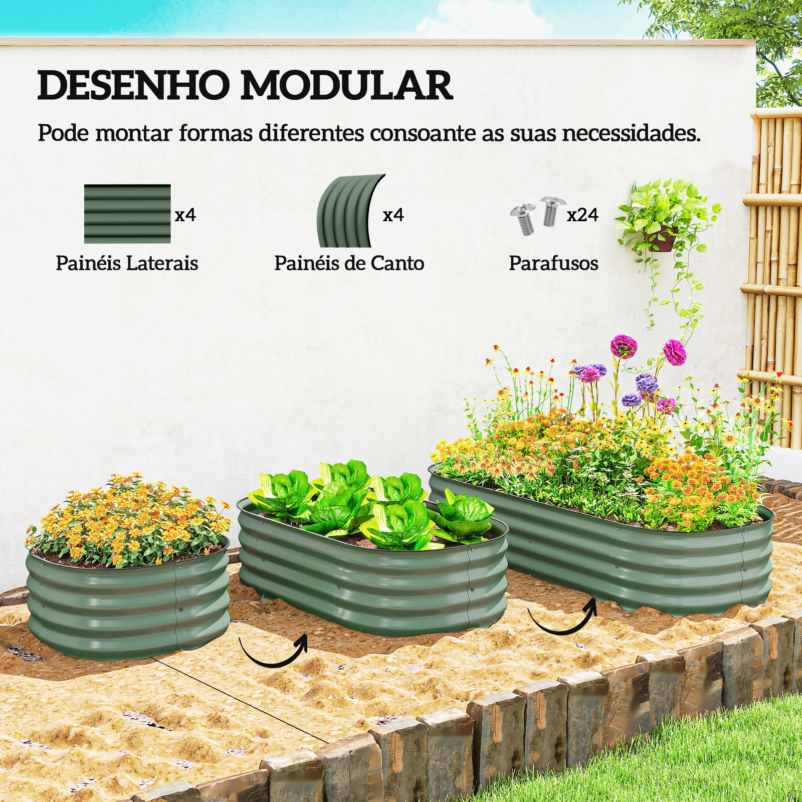 Caixa de plantio de exterior grande em aço galvanizado para cultivo de plantas 150x62x30 cm verde