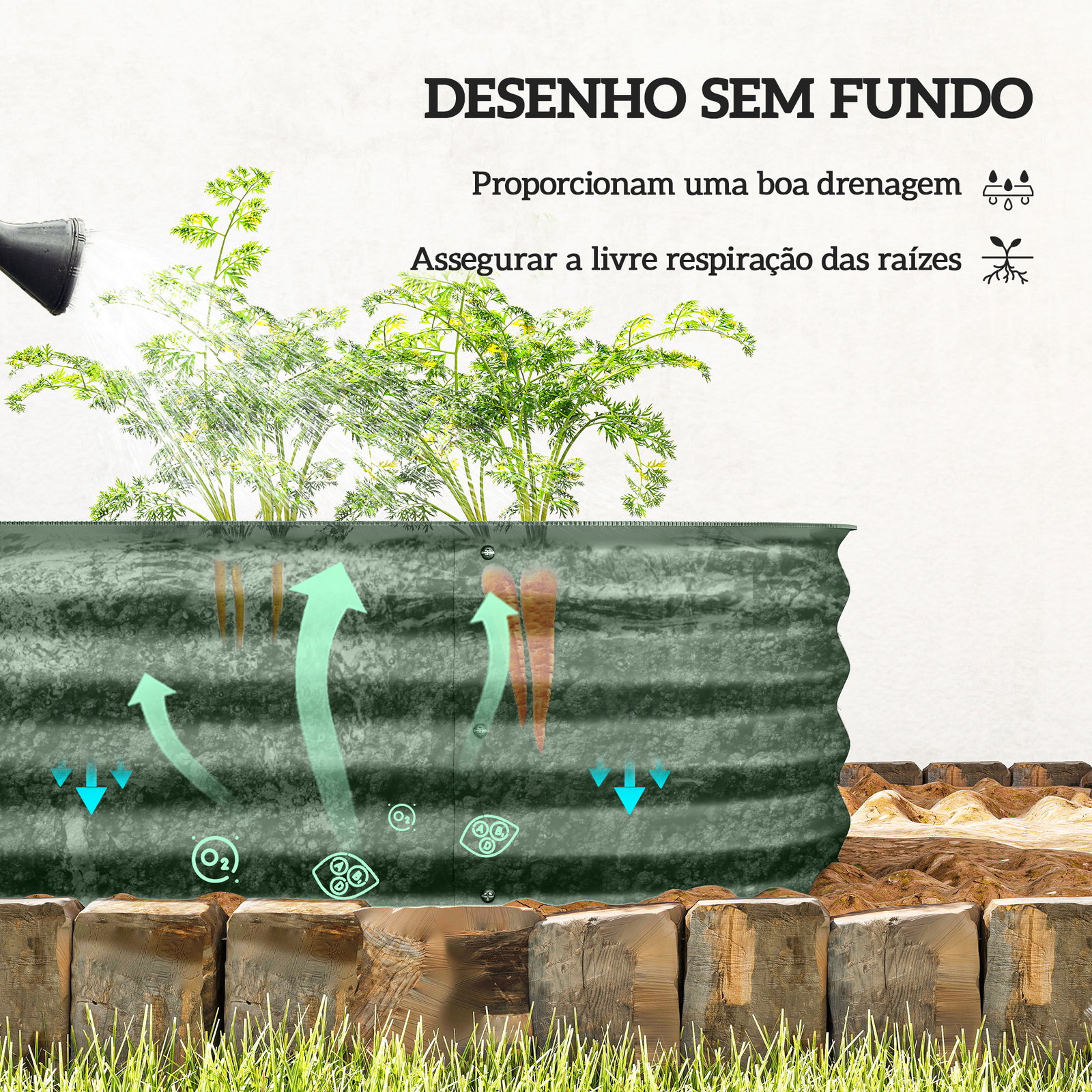 Caixa de plantio de exterior grande em aço galvanizado para cultivo de plantas 150x62x30 cm verde