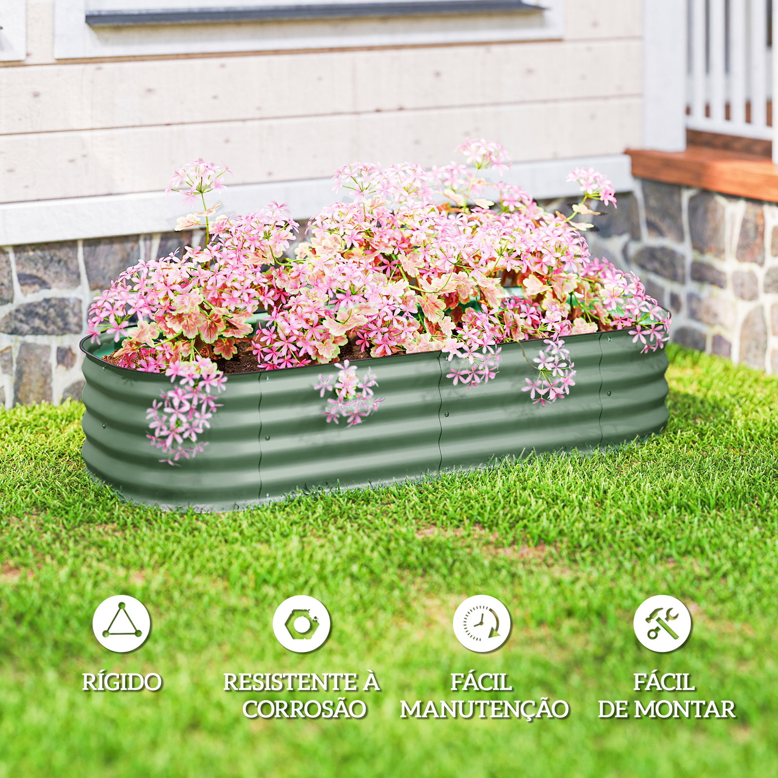 Caixa de plantio de exterior grande em aço galvanizado para cultivo de plantas 150x62x30 cm verde