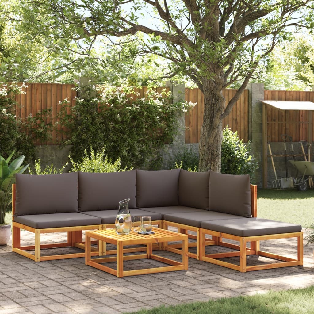 Conjunto de sofás de jardim de 6 peças com almofadas de madeira de acácia e corda