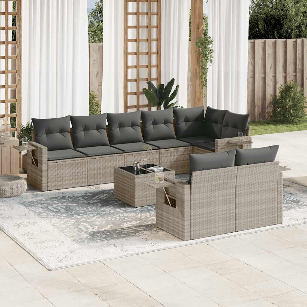 9 Pcs conj. sofás jardim com almofadões vime PE cinzento-claro