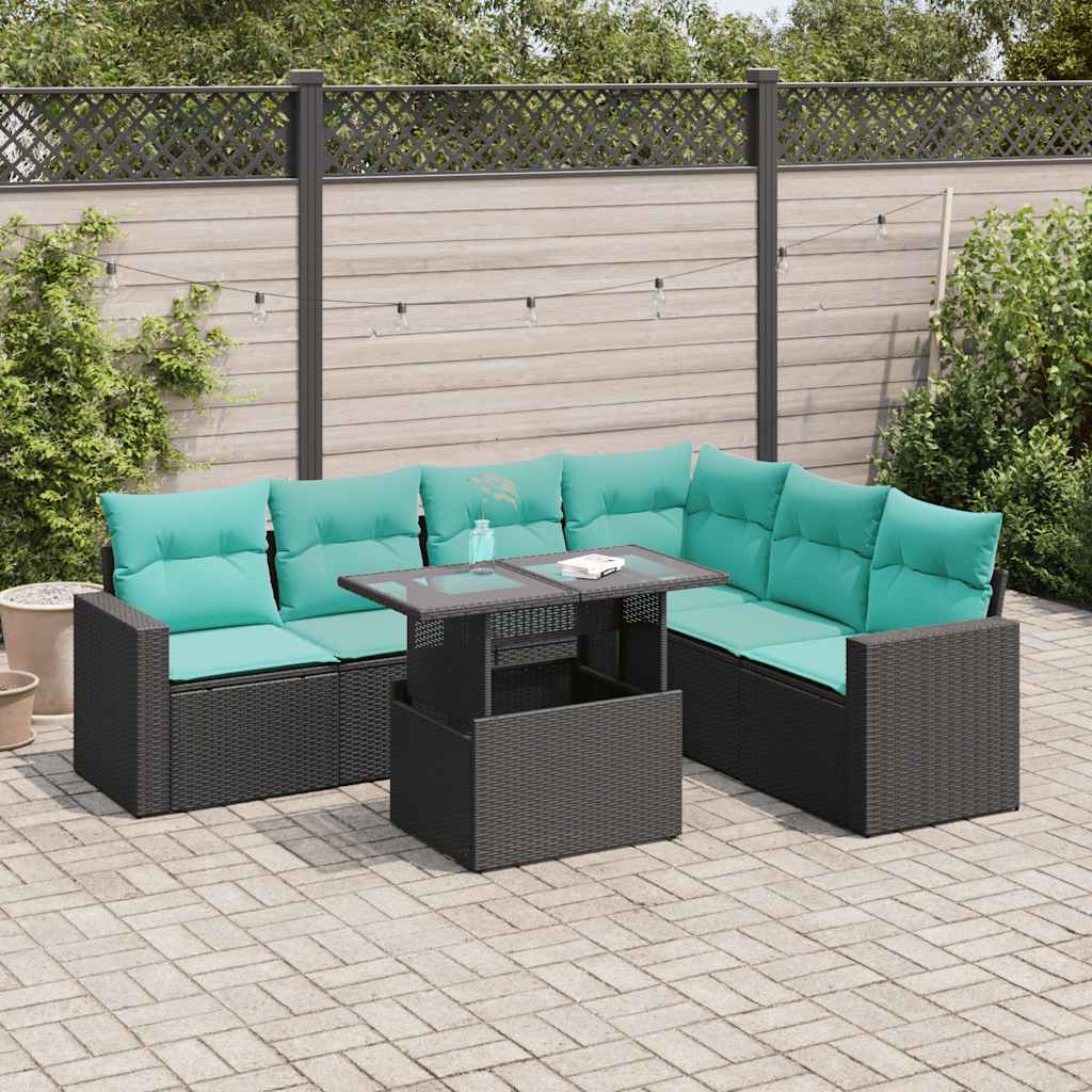 7 Pcs conj. sofás jardim c/ almofadões vime PE/acácia preto