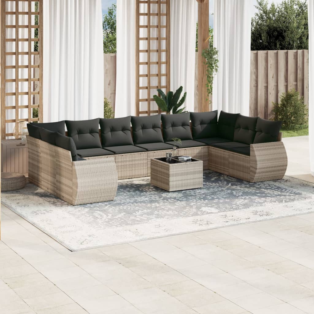 11 Pcs conjunto sofás de jardim c/ almofadões vime PE cinzento