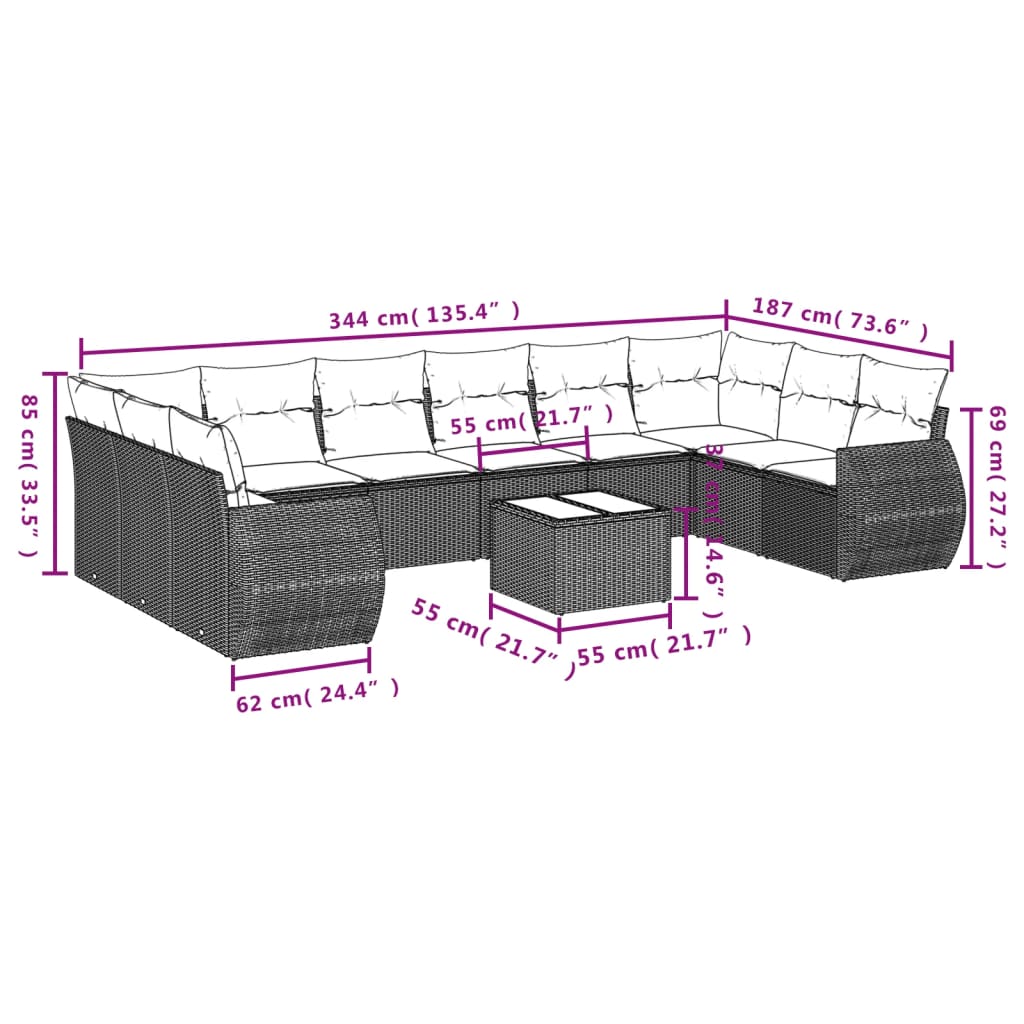 11 Pcs conjunto sofás de jardim c/ almofadões vime PE cinzento
