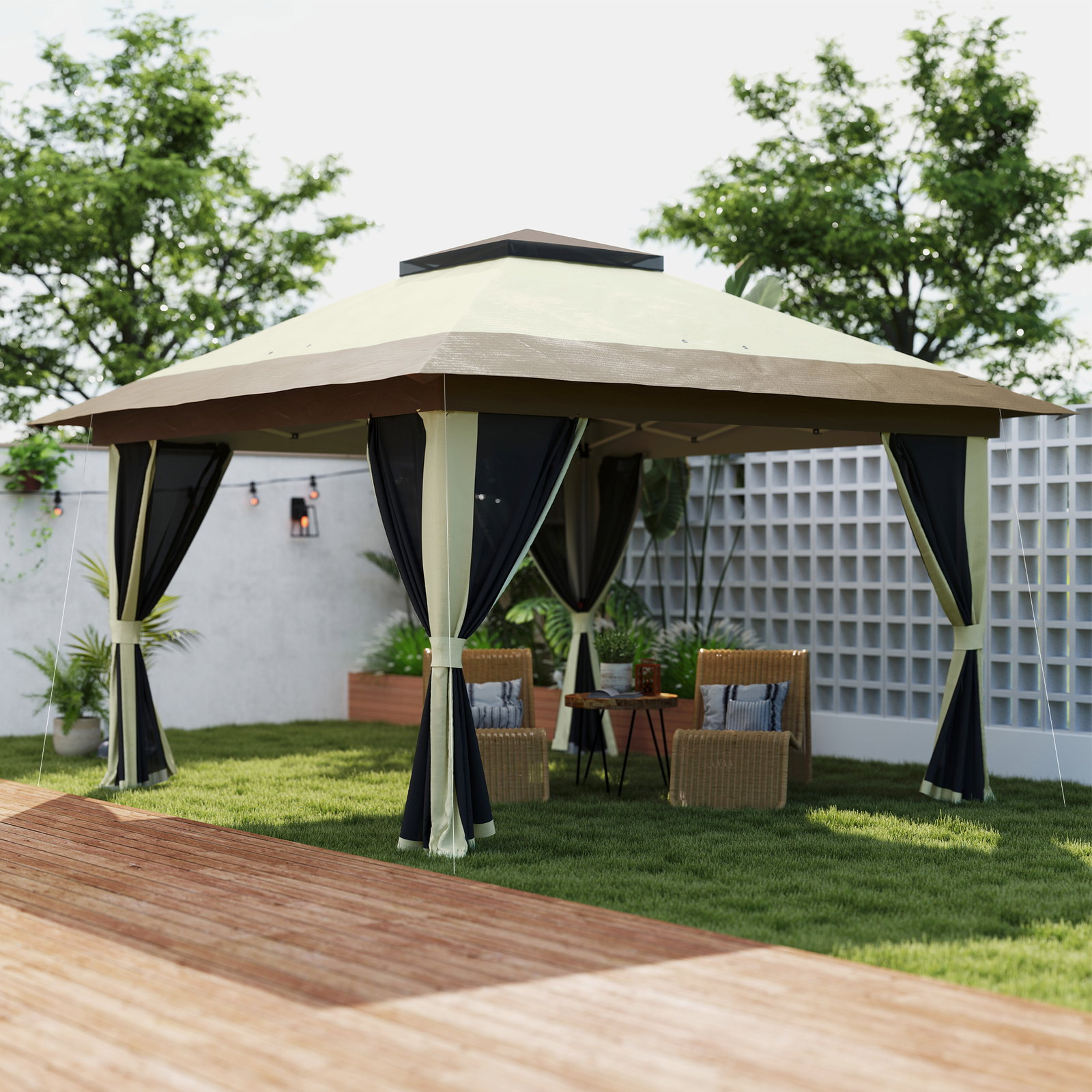 Pérgola dobrável 356x356x280 cm com 4 paredes laterais de malha anti-UV altura ajustável e bolsa de transporte bege e marrom