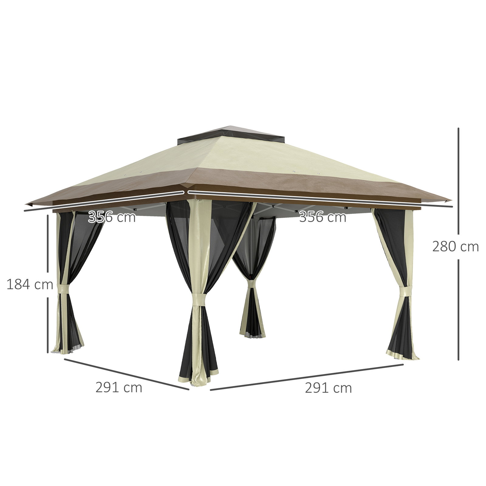 Pérgola dobrável 356x356x280 cm com 4 paredes laterais de malha anti-UV altura ajustável e bolsa de transporte bege e marrom