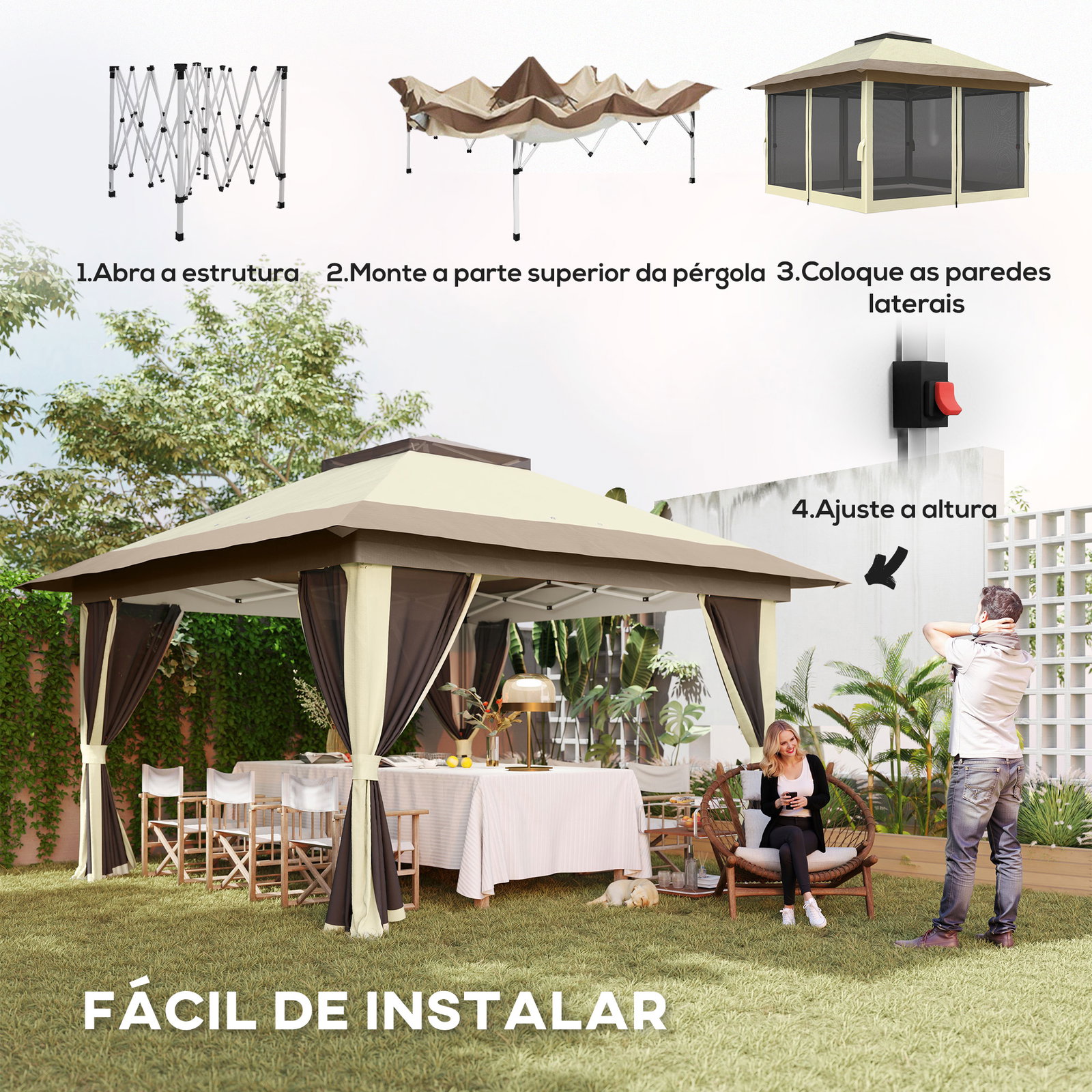 Pérgola dobrável 356x356x280 cm com 4 paredes laterais de malha anti-UV altura ajustável e bolsa de transporte bege e marrom
