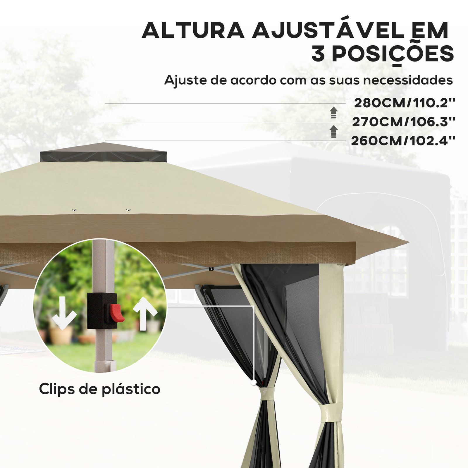 Pérgola dobrável 356x356x280 cm com 4 paredes laterais de malha anti-UV altura ajustável e bolsa de transporte bege e marrom