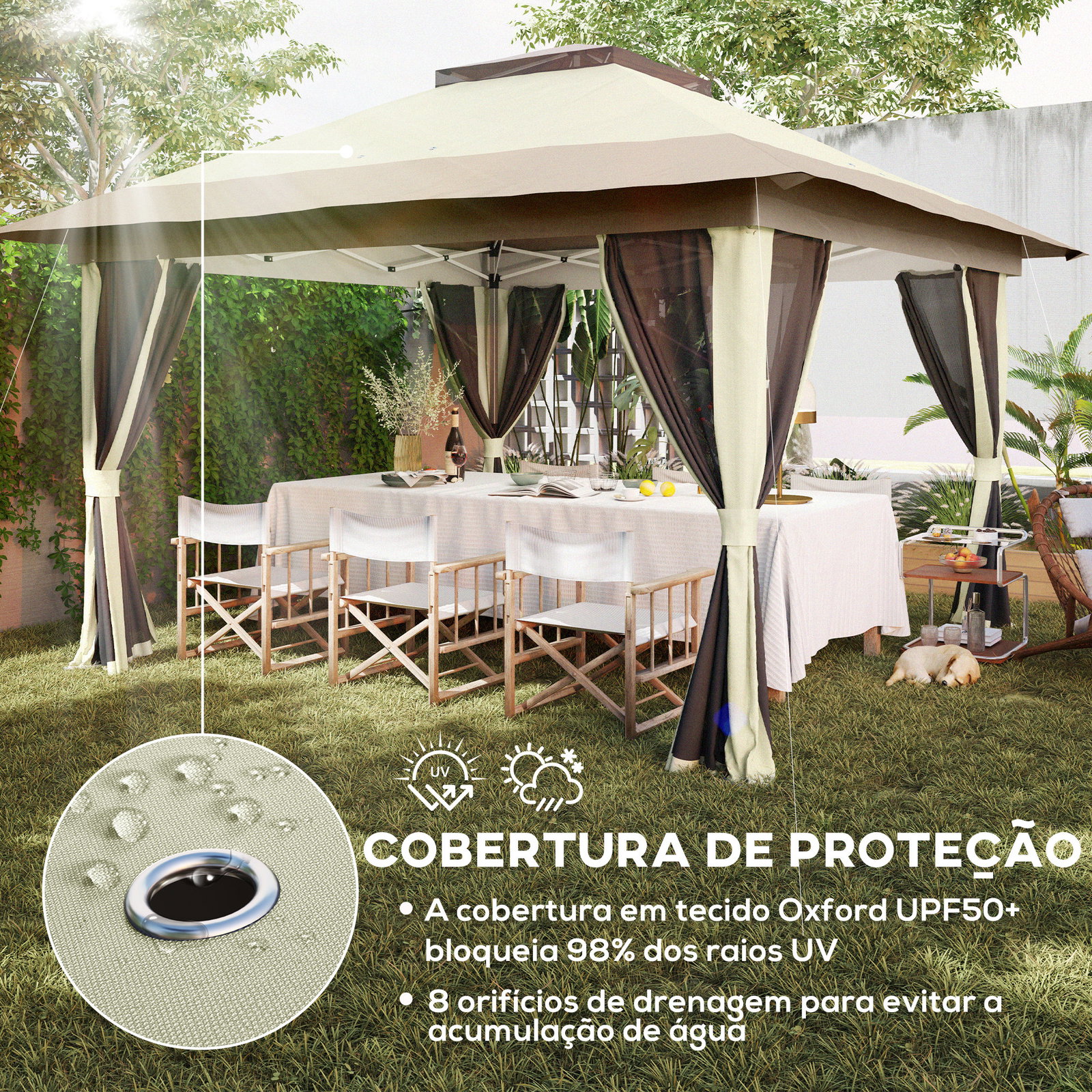 Pérgola dobrável 356x356x280 cm com 4 paredes laterais de malha anti-UV altura ajustável e bolsa de transporte bege e marrom