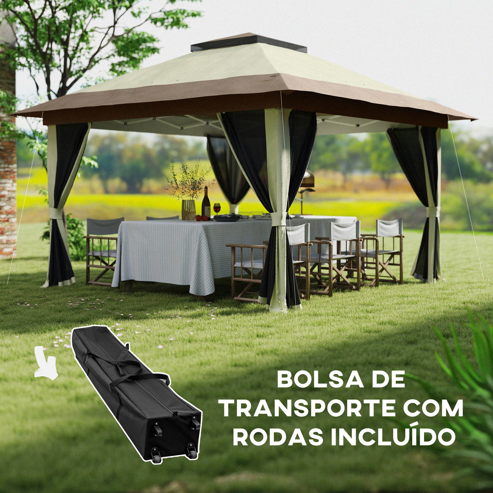 Pérgola dobrável 356x356x280 cm com 4 paredes laterais de malha anti-UV altura ajustável e bolsa de transporte bege e marrom