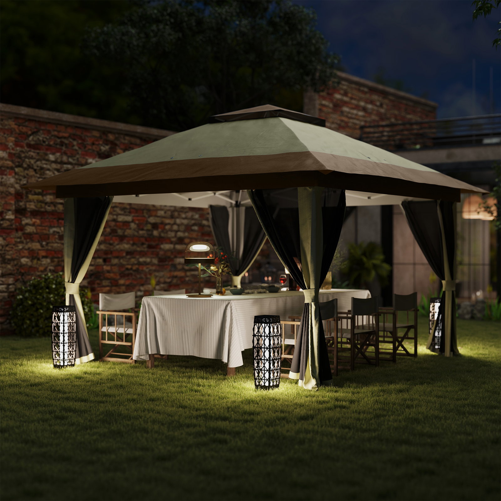 Pérgola dobrável 356x356x280 cm com 4 paredes laterais de malha anti-UV altura ajustável e bolsa de transporte bege e marrom