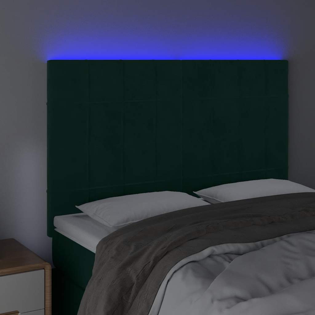 Cabeceira de cama c/ LED veludo 144x5x118/128 cm verde-escuro