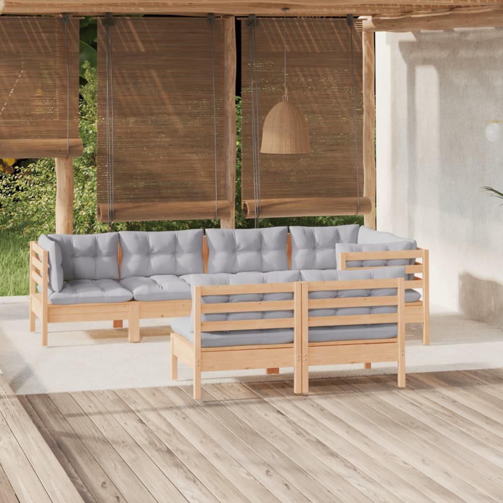 7 Pcs conjunto lounge de jardim + almofadões cinza pinho maciço