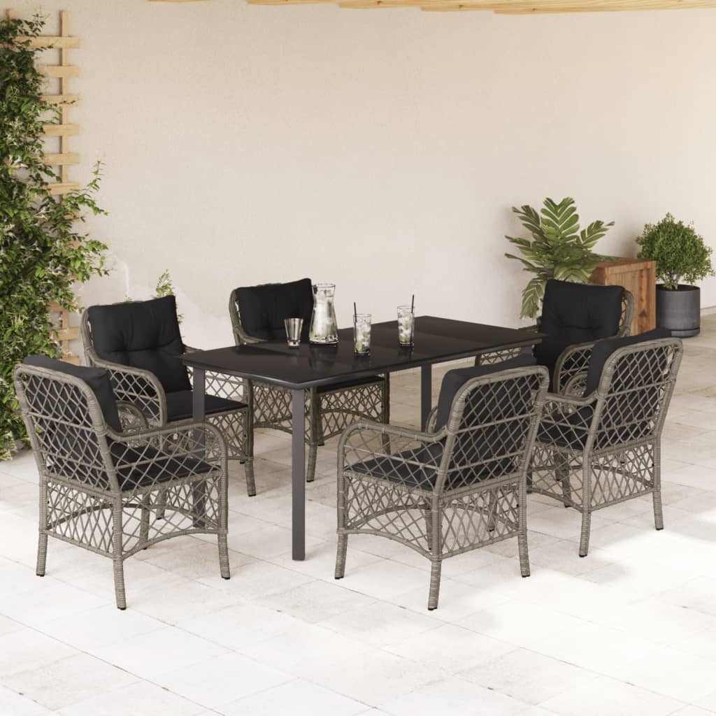 7 Pcs conjunto de jantar p/ jardim c/ almofadões vime PE cinza