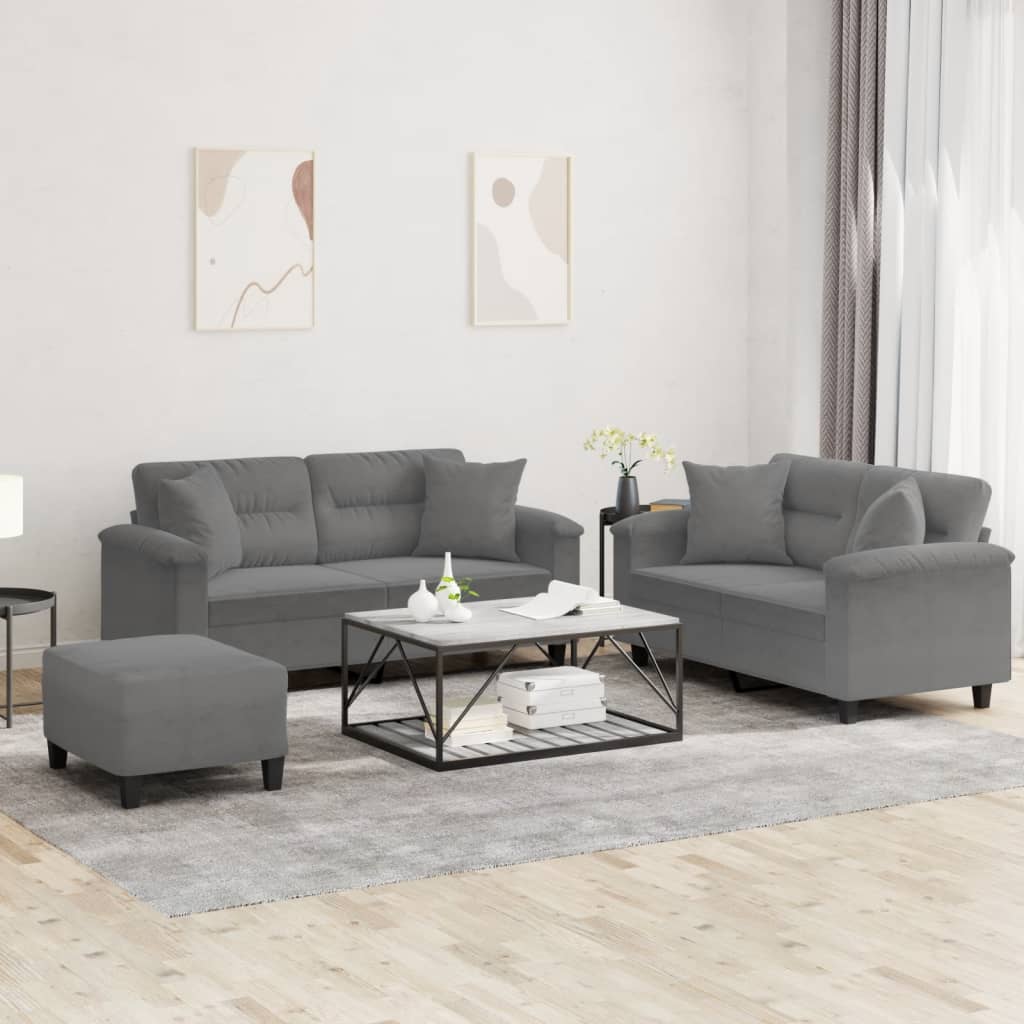 3 Pcs conjunto sofás c/ almofadas microfibra cinza-escuro