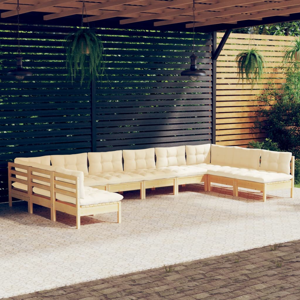10 Pcs conjunto lounge jardim c/ almofadões creme pinho maciço