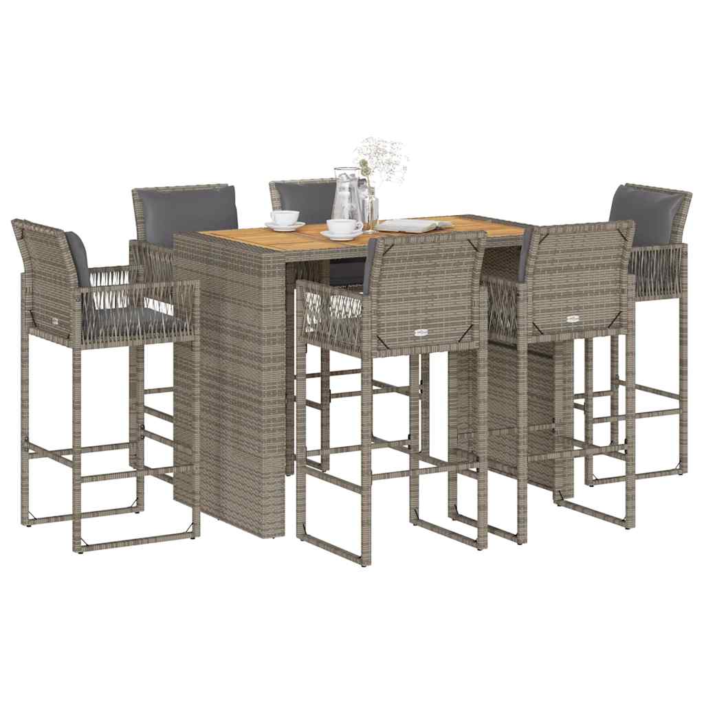 7 Pcs conj. de bar jardim c/ almofadões vime PE/acácia cinzento