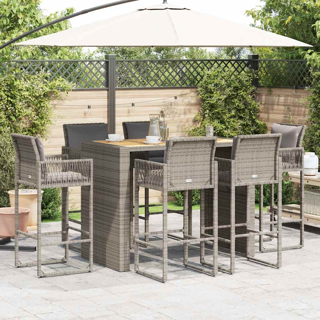 7 Pcs conj. de bar jardim c/ almofadões vime PE/acácia cinzento