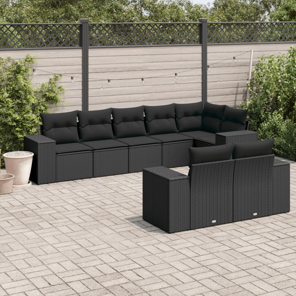 8 Pcs conjunto sofás de jardim com almofadões vime PE preto