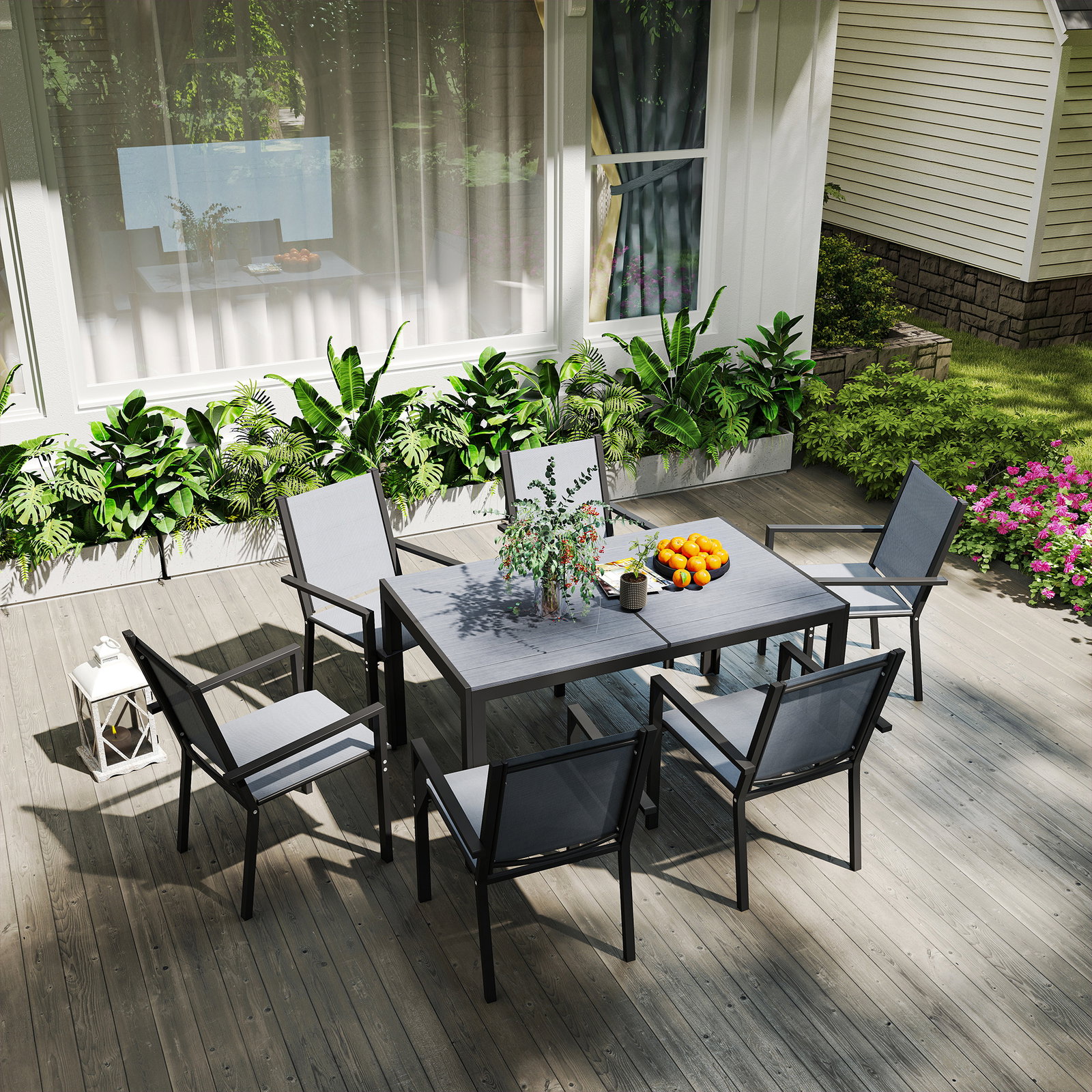 Conjunto de mesa e cadeiras de jardim com cadeiras empilháveis e estrutura de aço para terraço e pátio cinzento claro