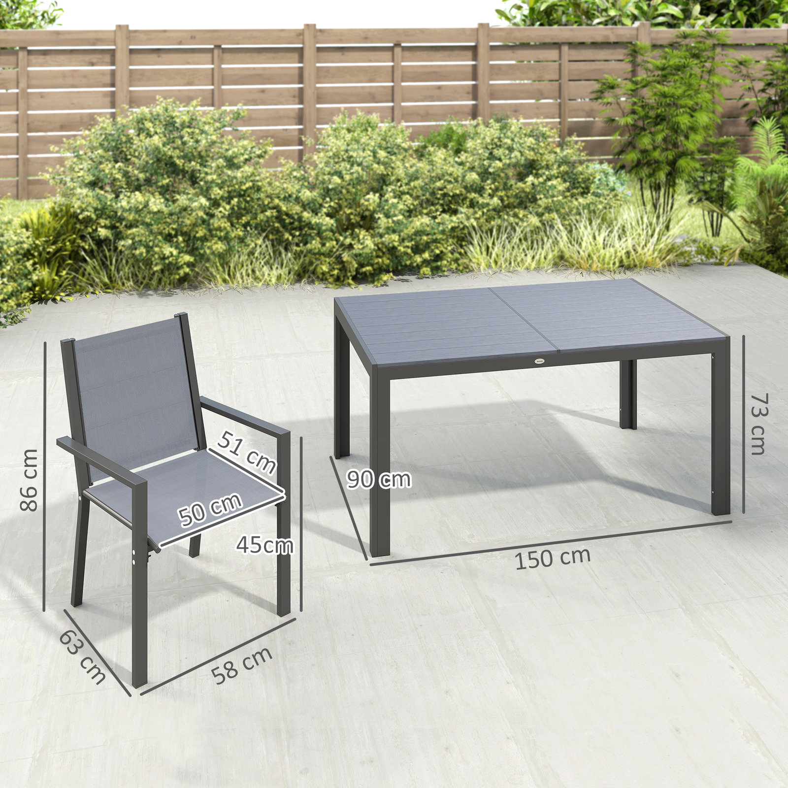 Conjunto de mesa e cadeiras de jardim com cadeiras empilháveis e estrutura de aço para terraço e pátio cinzento claro