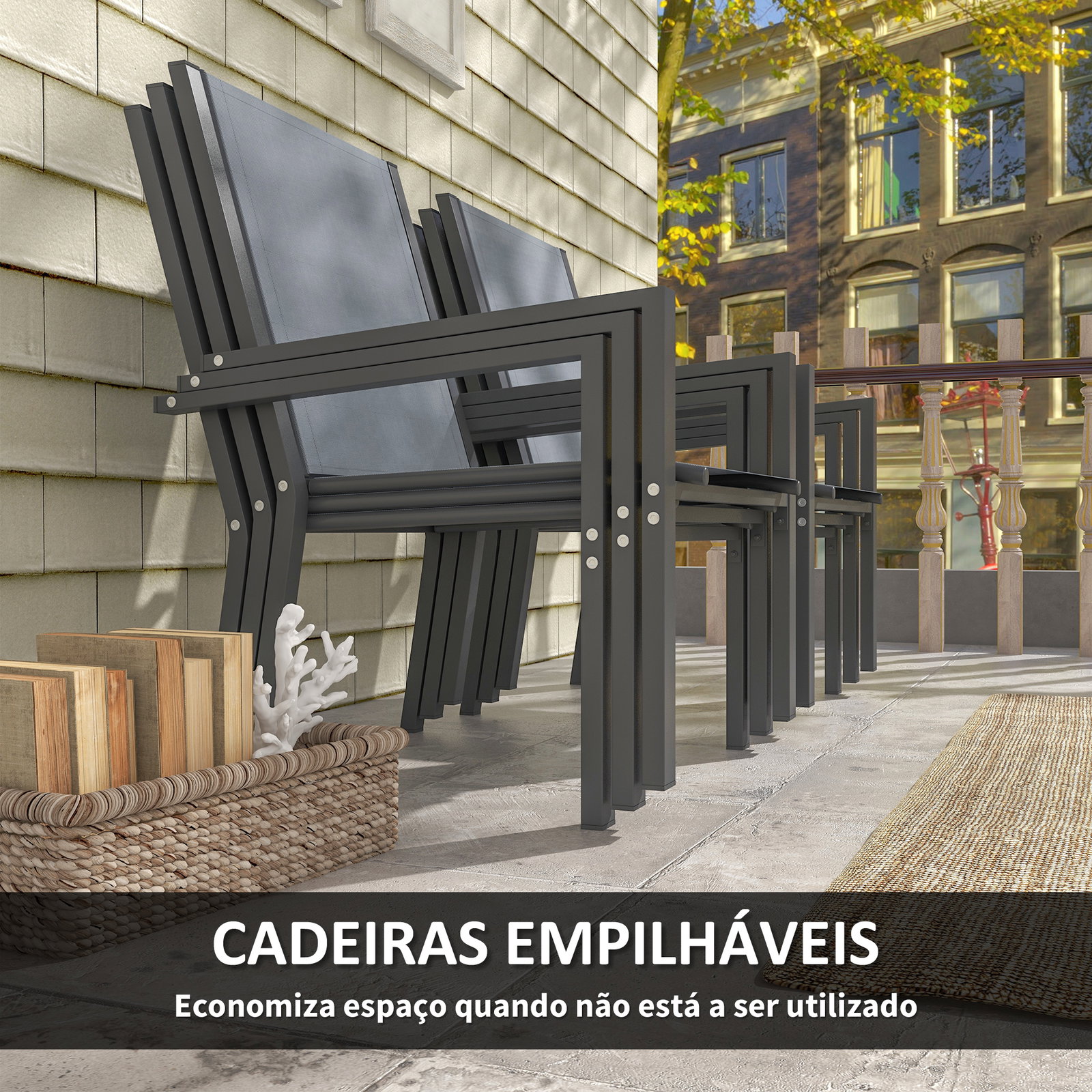 Conjunto de mesa e cadeiras de jardim com cadeiras empilháveis e estrutura de aço para terraço e pátio cinzento claro