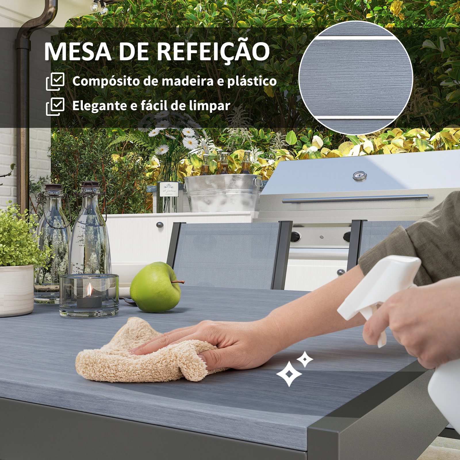 Conjunto de mesa e cadeiras de jardim com cadeiras empilháveis e estrutura de aço para terraço e pátio cinzento claro