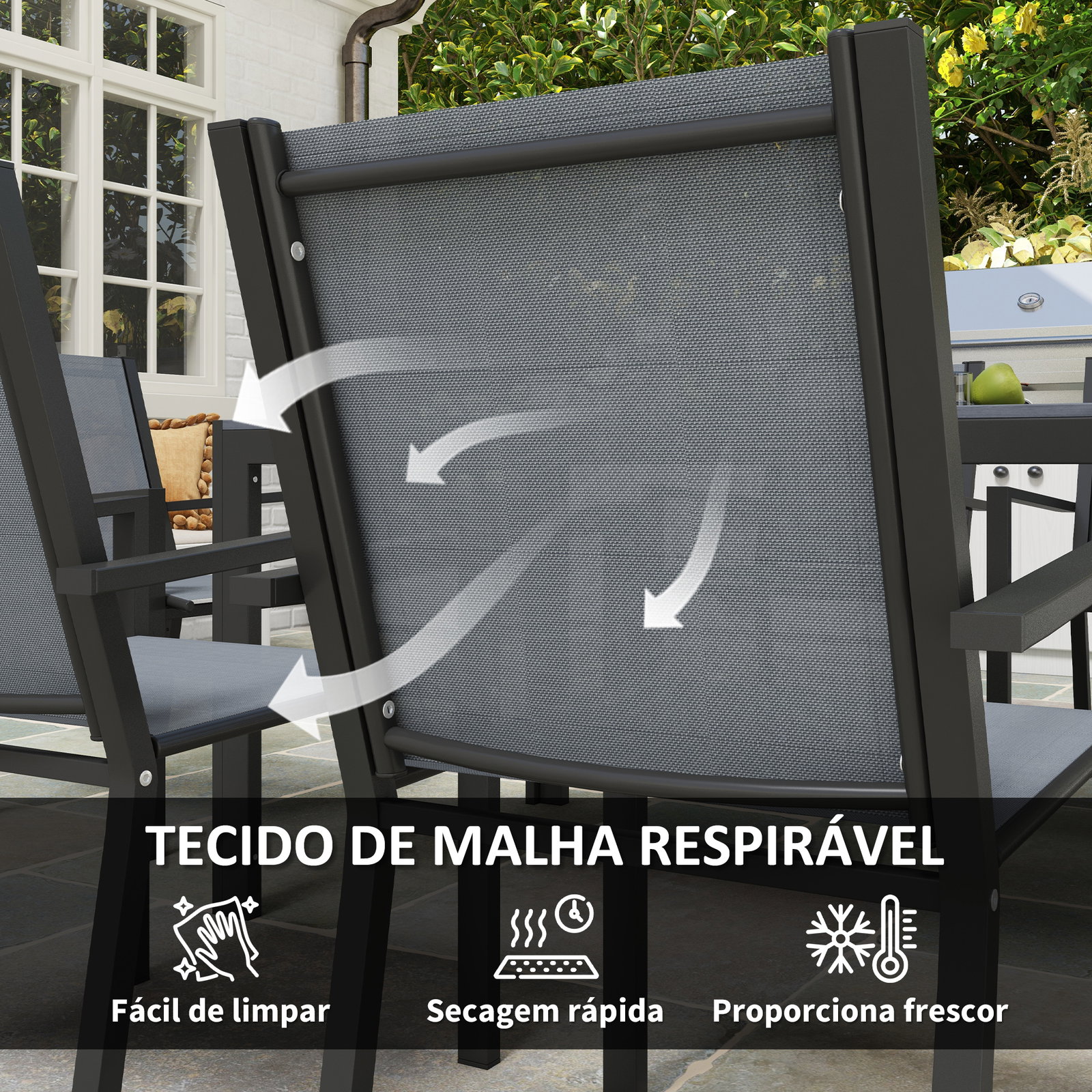 Conjunto de mesa e cadeiras de jardim com cadeiras empilháveis e estrutura de aço para terraço e pátio cinzento claro