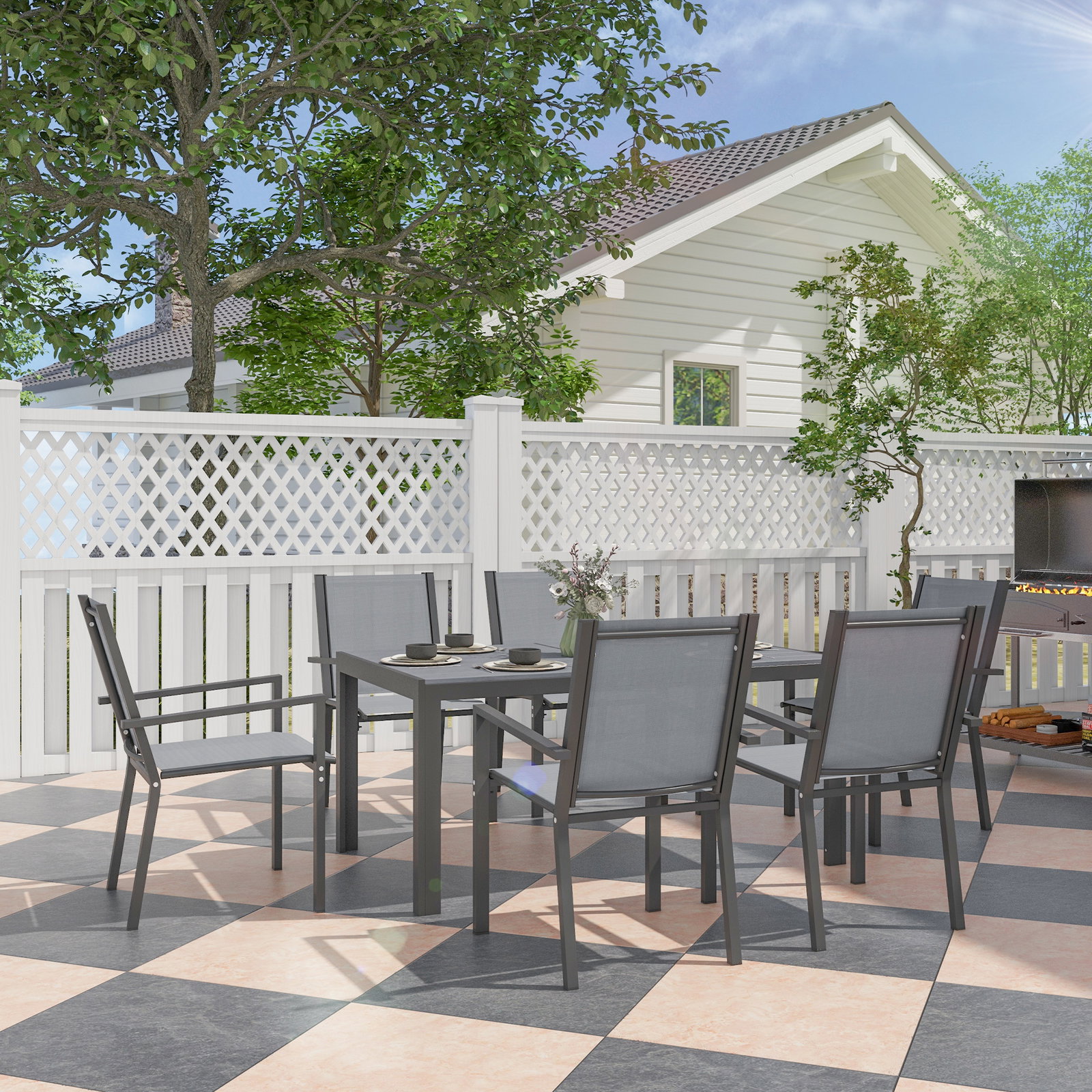 Conjunto de mesa e cadeiras de jardim com cadeiras empilháveis e estrutura de aço para terraço e pátio cinzento claro