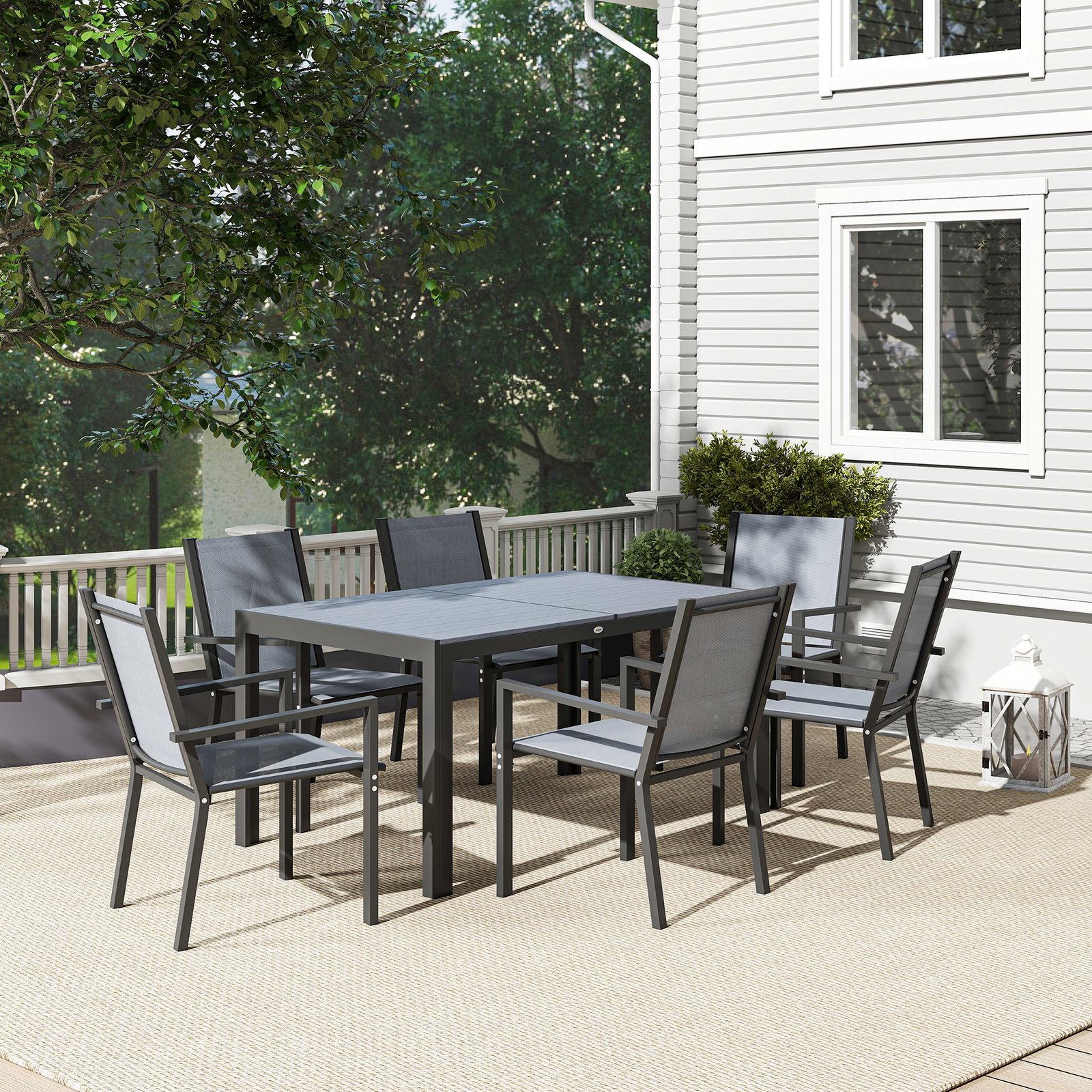 Conjunto de mesa e cadeiras de jardim com cadeiras empilháveis e estrutura de aço para terraço e pátio cinzento claro