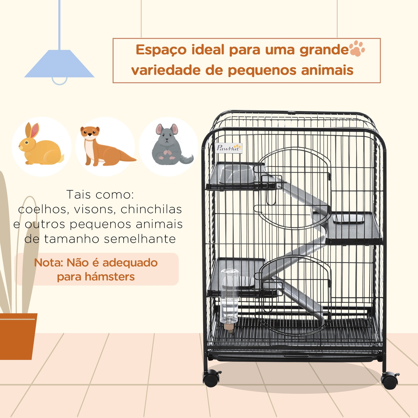Gaiola para roedores com rodas 2 portas 3 plataformas bandeja amovível comedouro e bebedouro 61,5x44x95cm preto