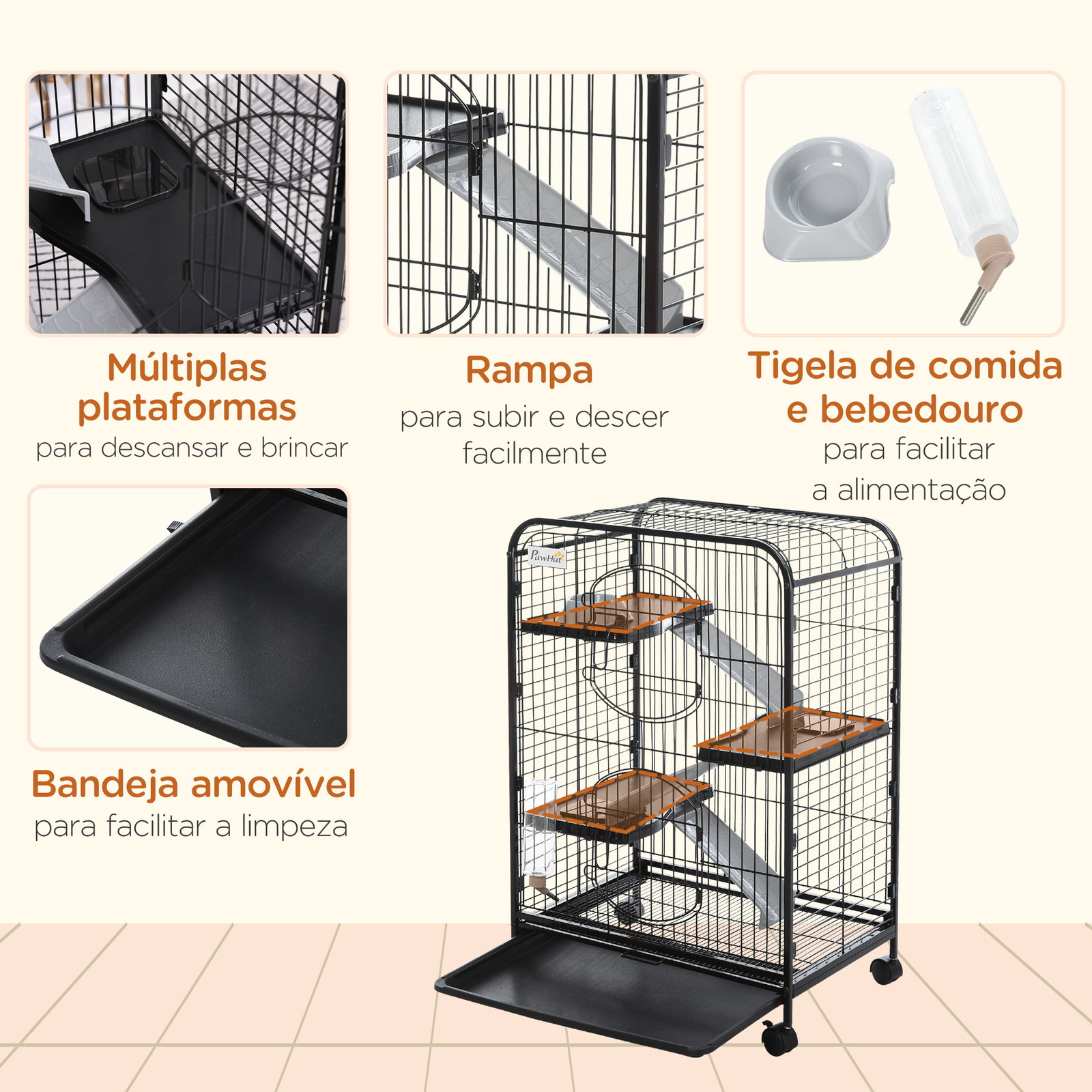 Gaiola para roedores com rodas 2 portas 3 plataformas bandeja amovível comedouro e bebedouro 61,5x44x95cm preto