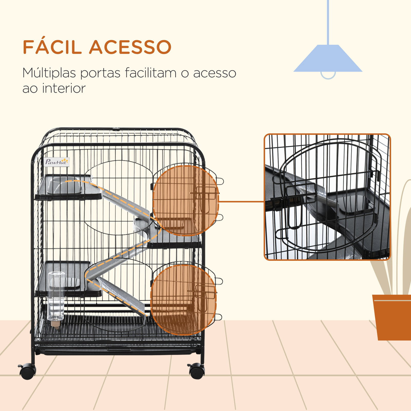 Gaiola para roedores com rodas 2 portas 3 plataformas bandeja amovível comedouro e bebedouro 61,5x44x95cm preto
