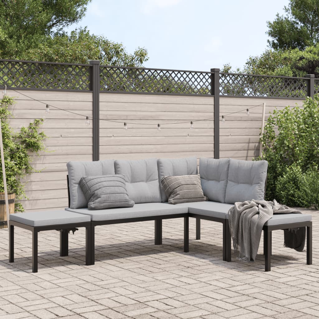 4 Pcs sofás de jardim com almofadões aço revestido a pó preto