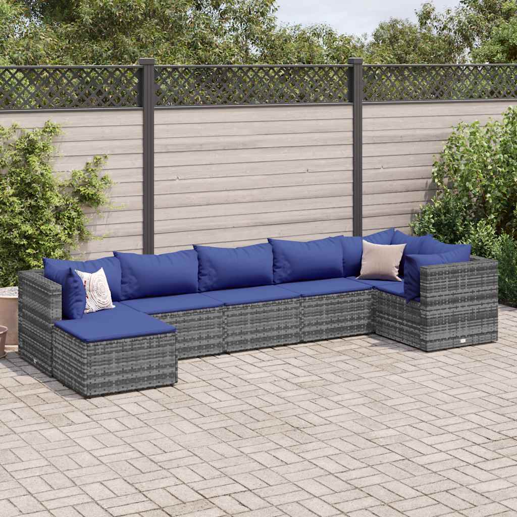 7 Pcs conjunto lounge de jardim c/ almofadões vime PE cinzento