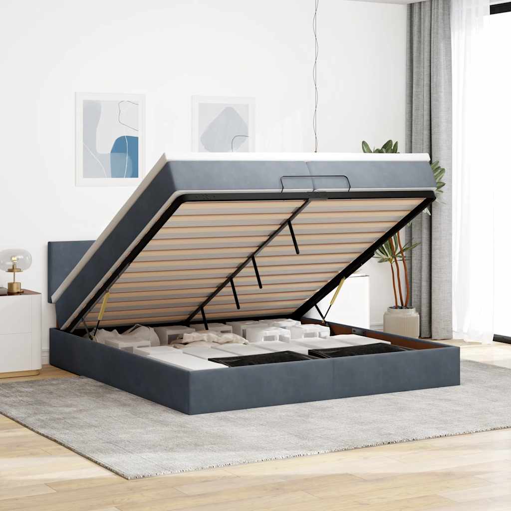 Moldura de cama otomana com colchão cinza escuro veludo