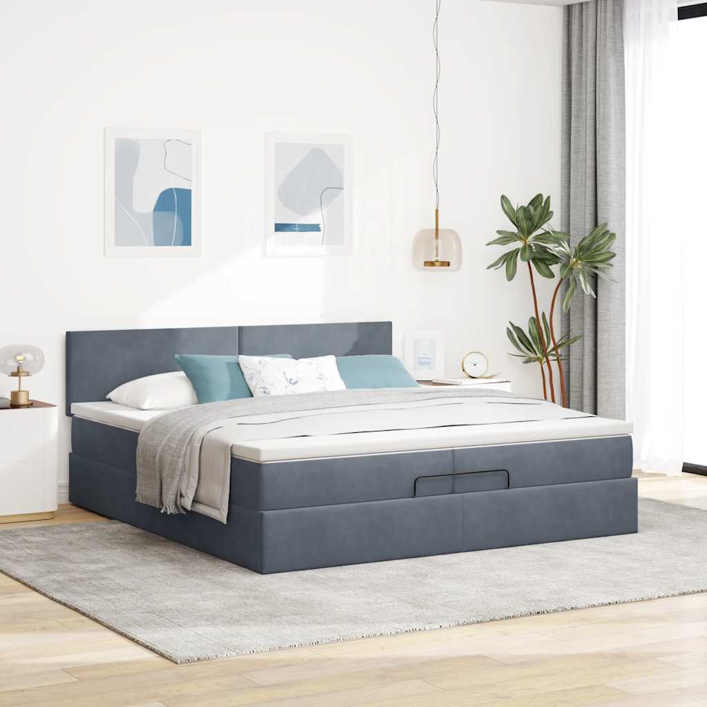 Moldura de cama otomana com colchão cinza escuro veludo