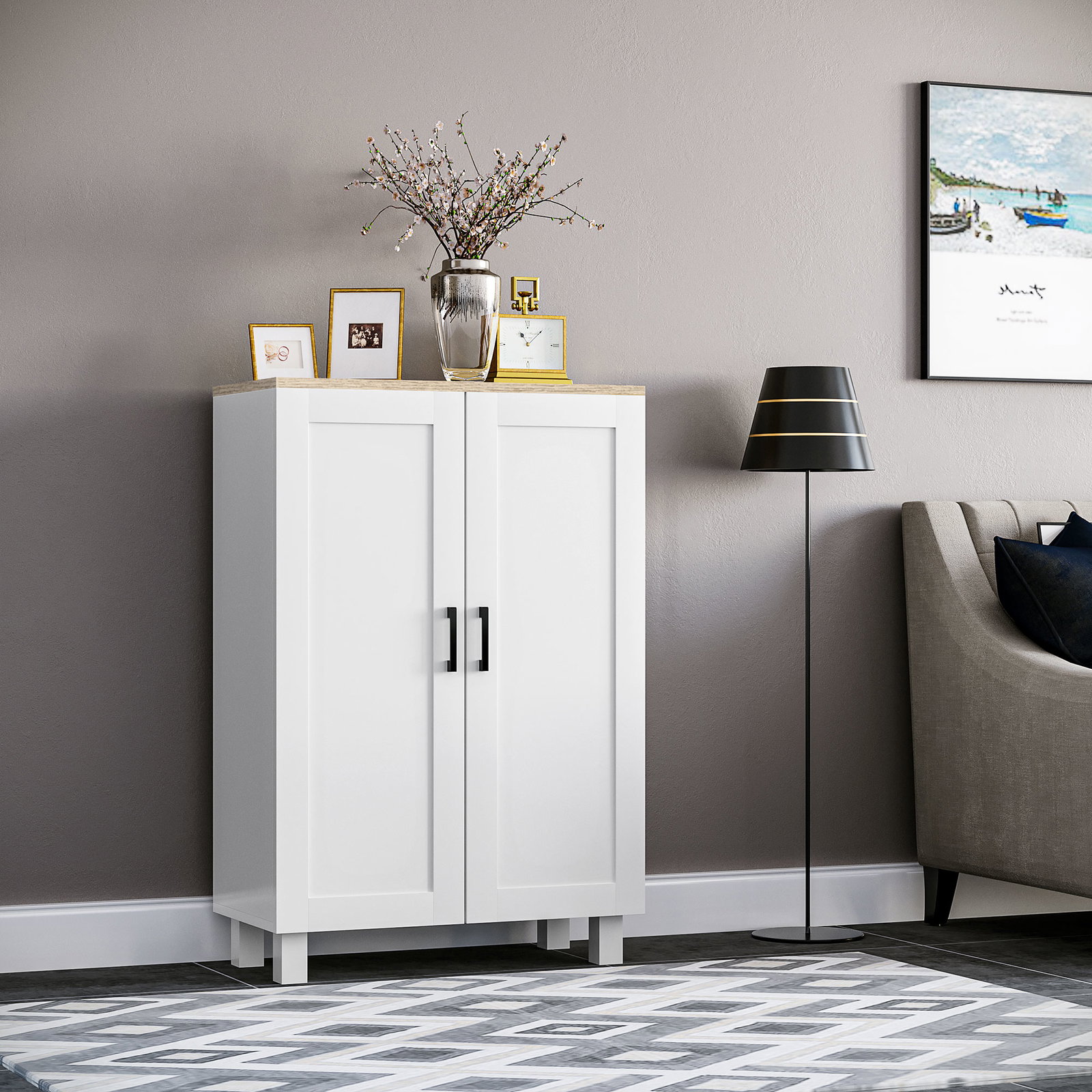 Armário de sala de estar moderno armário de armazenamento com 2 portas prateleira ajustável e base elevada 60x30x90 cm branco