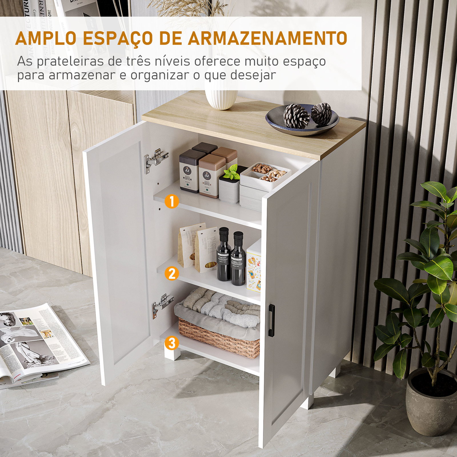 Armário de sala de estar moderno armário de armazenamento com 2 portas prateleira ajustável e base elevada 60x30x90 cm branco