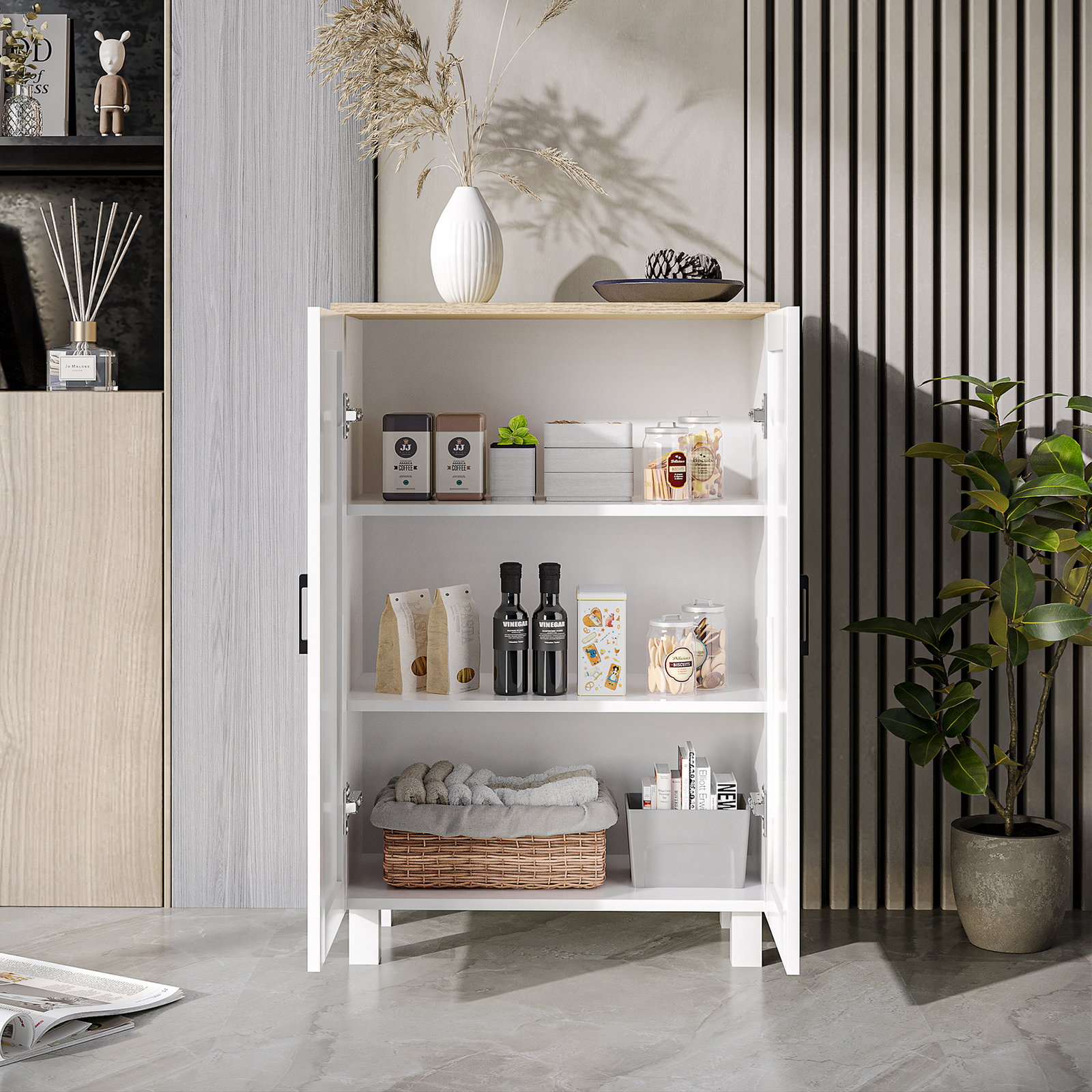 Armário de sala de estar moderno armário de armazenamento com 2 portas prateleira ajustável e base elevada 60x30x90 cm branco