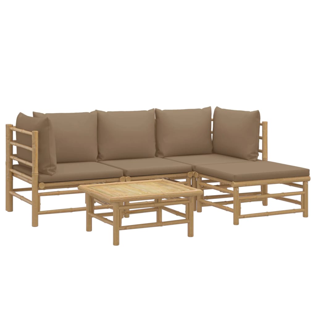 5 Pcs conj. lounge jardim bambu almofadões cinzento-acastanhado