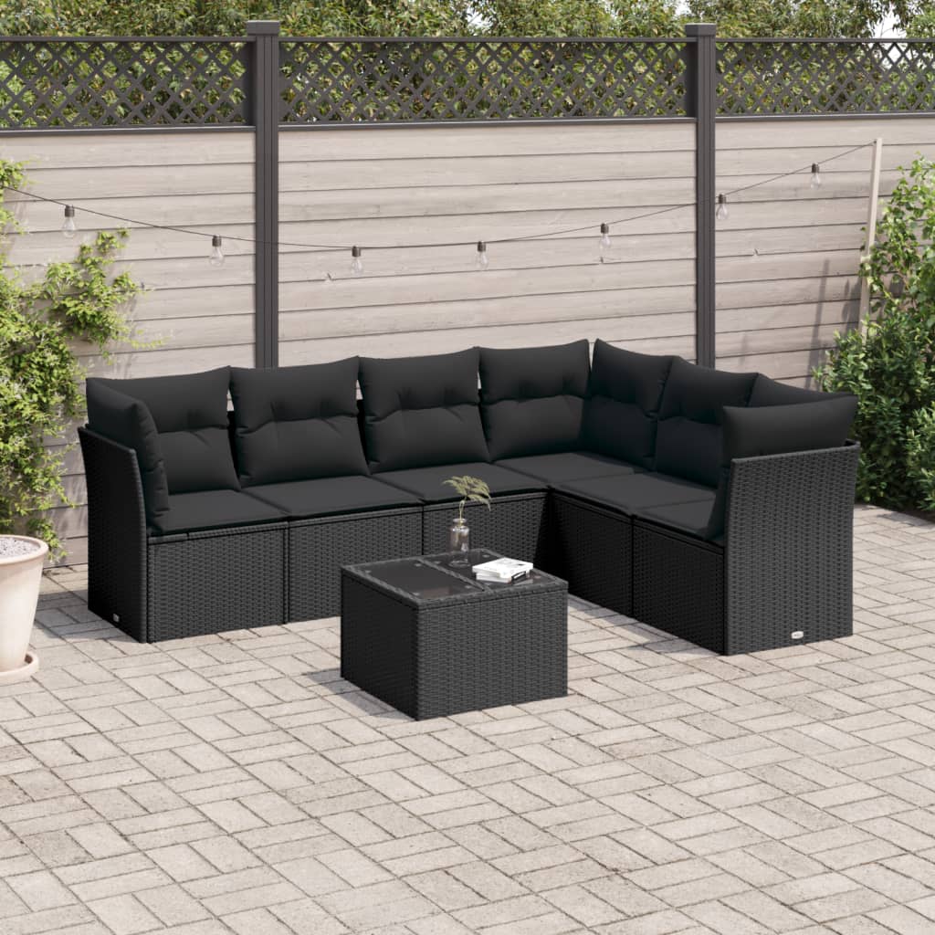 7 Pcs conjunto de sofás p/ jardim c/ almofadões vime PE preto