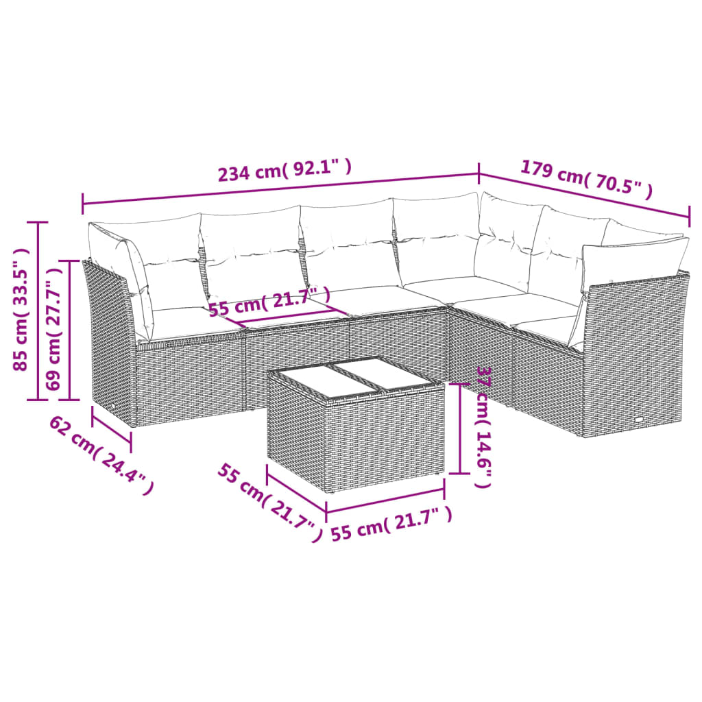 7 Pcs conjunto de sofás p/ jardim c/ almofadões vime PE preto