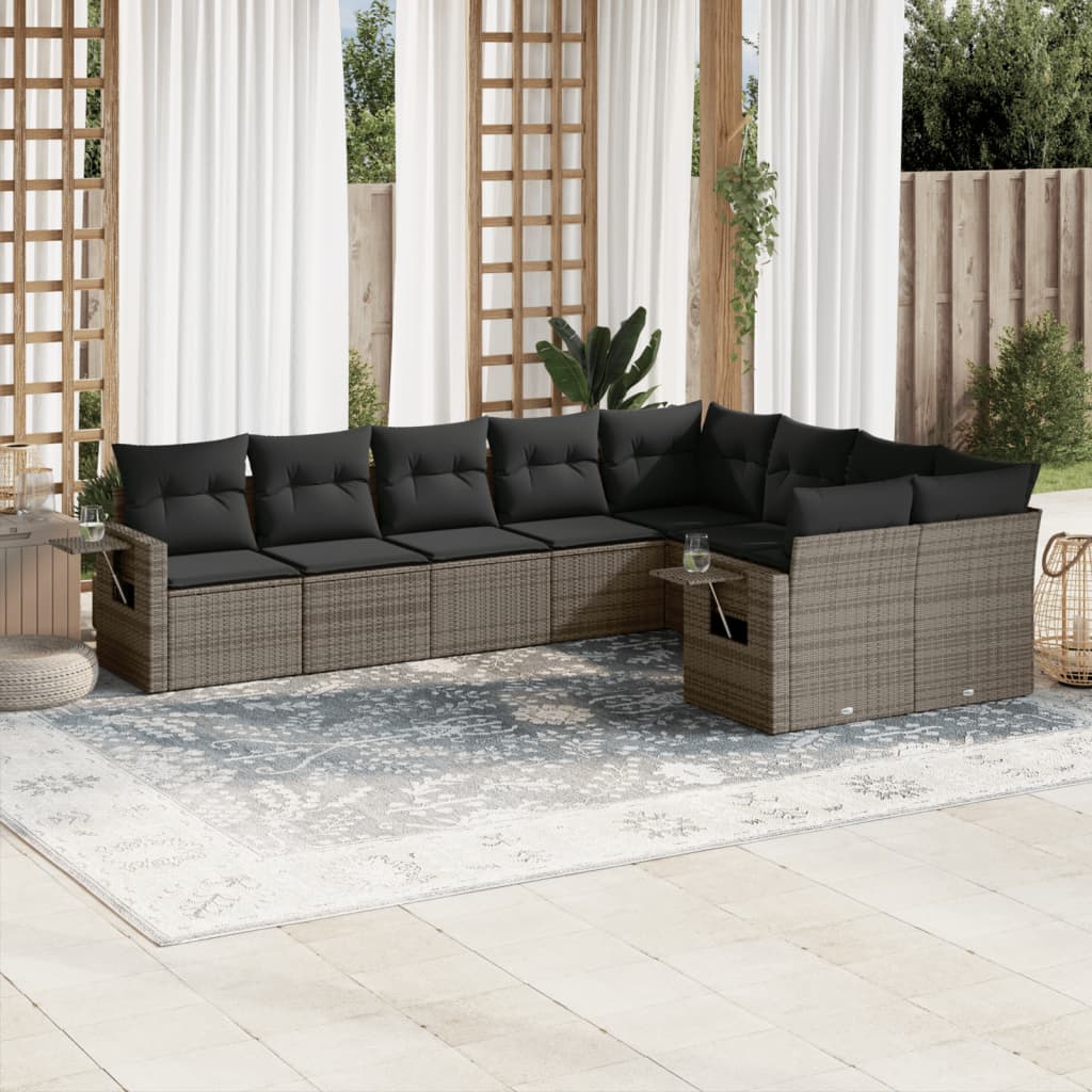 9 Pcs conjunto sofás p/ jardim com almofadões vime PE cinzento