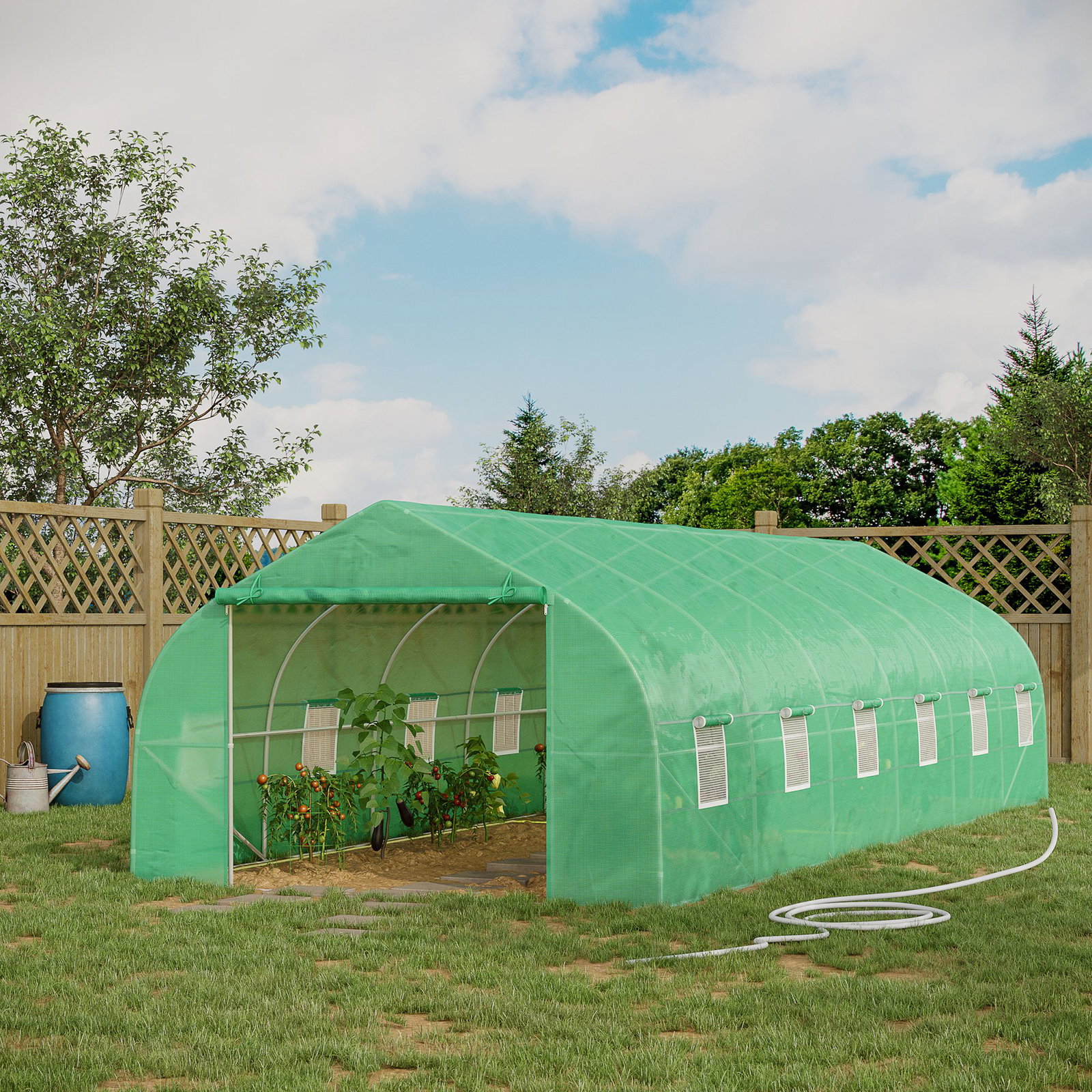 Estufa tipo túnel 800x300x200cm com 12 janelas e porta enrolável cobertura de PE 140g/m² e aço teto pontiagudo para cultivo de plantas verduras verde