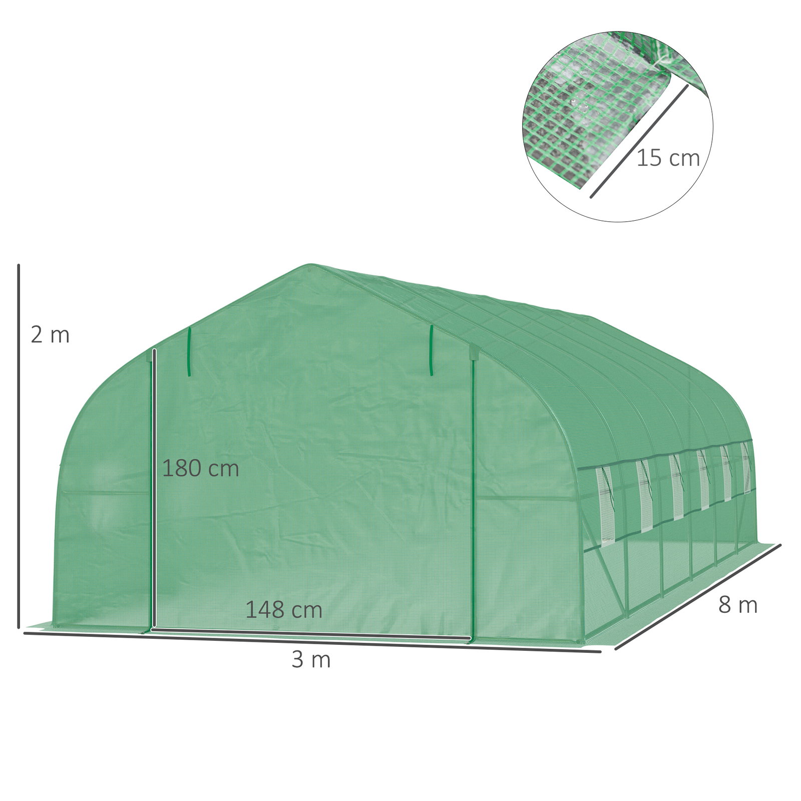 Estufa tipo túnel 800x300x200cm com 12 janelas e porta enrolável cobertura de PE 140g/m² e aço teto pontiagudo para cultivo de plantas verduras verde